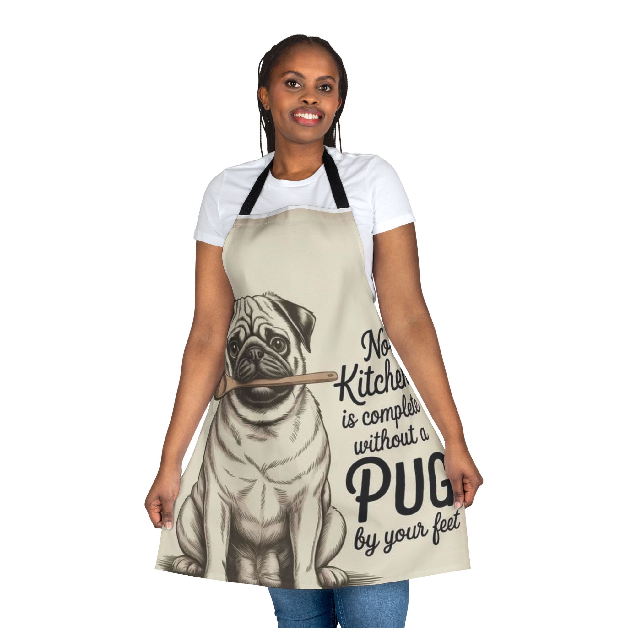 Pug Kitchen Apron — "No Kitchen Is Complete Without a Pug by Your Feet" Cute Dog Chef Gift