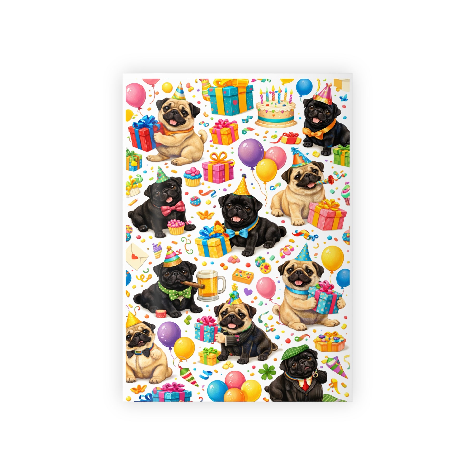 Pug Party Gift Wrap Roll — Cute Birthday Wrapping Paper with Balloons & Presents