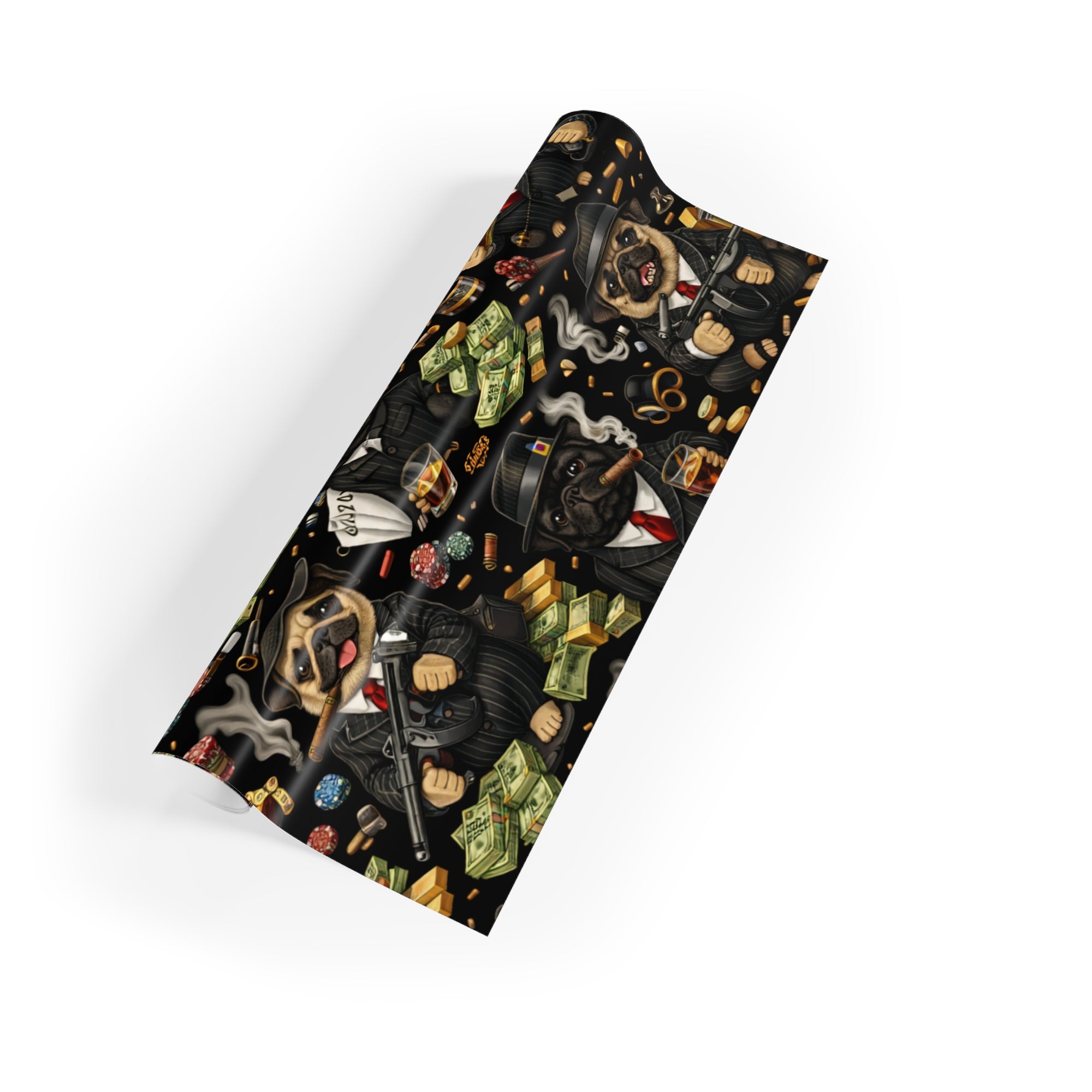 Gangster Pug Wrapping Paper — Novelty Money & Whiskey Gift Wrap, 1 Roll