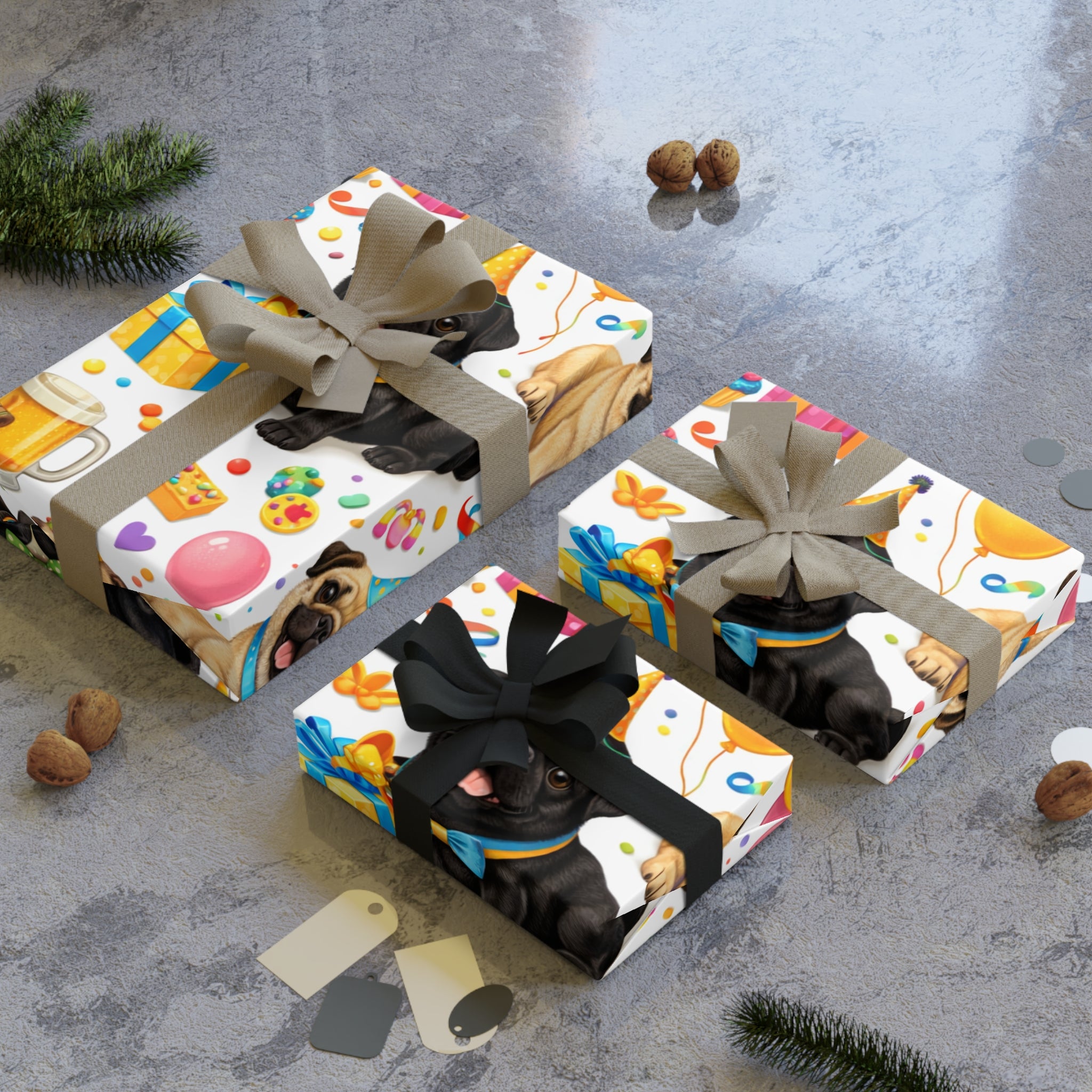 Pug Party Gift Wrap Roll — Cute Birthday Wrapping Paper with Balloons & Presents
