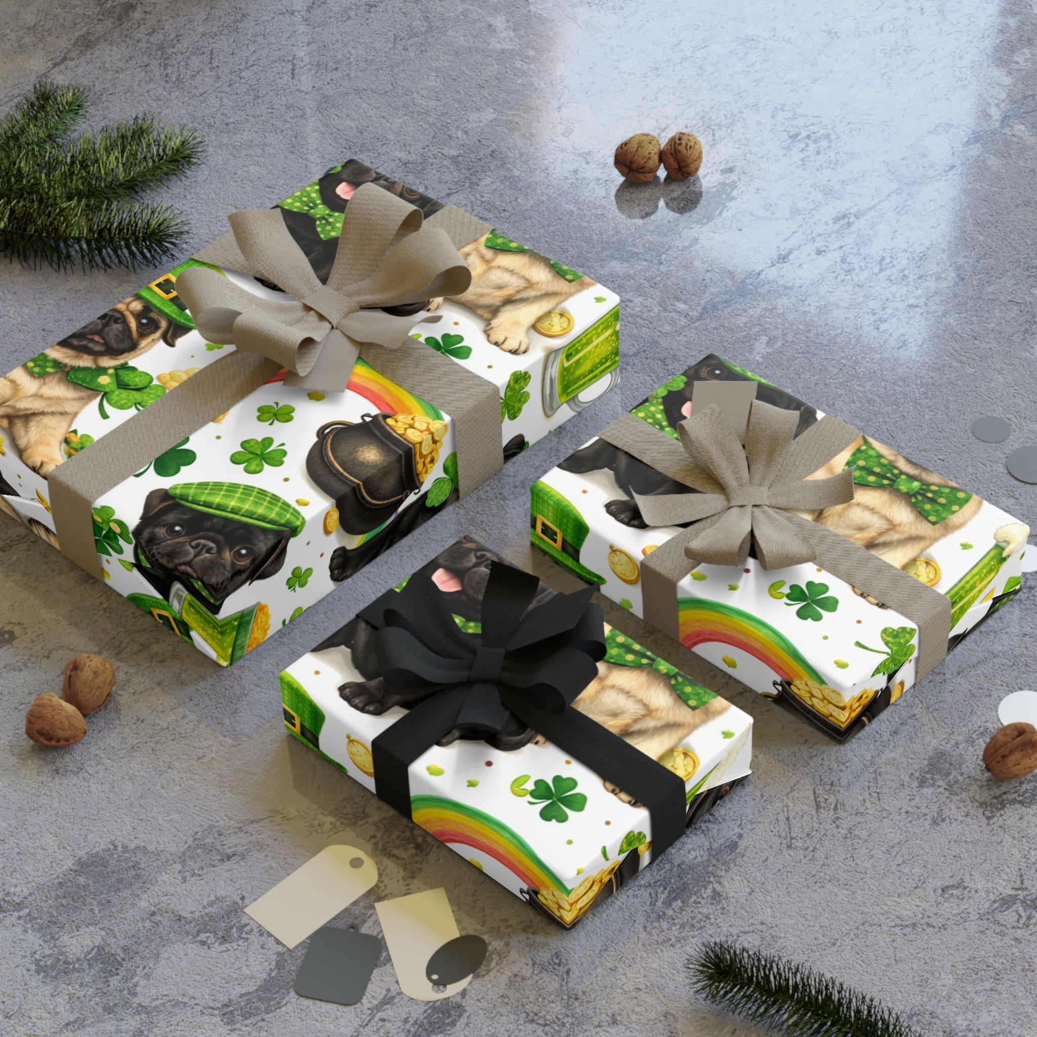 St. Patrick’s Day Pug Wrapping Paper Roll — Lucky Shamrock & Gold Pot Gift Wrap
