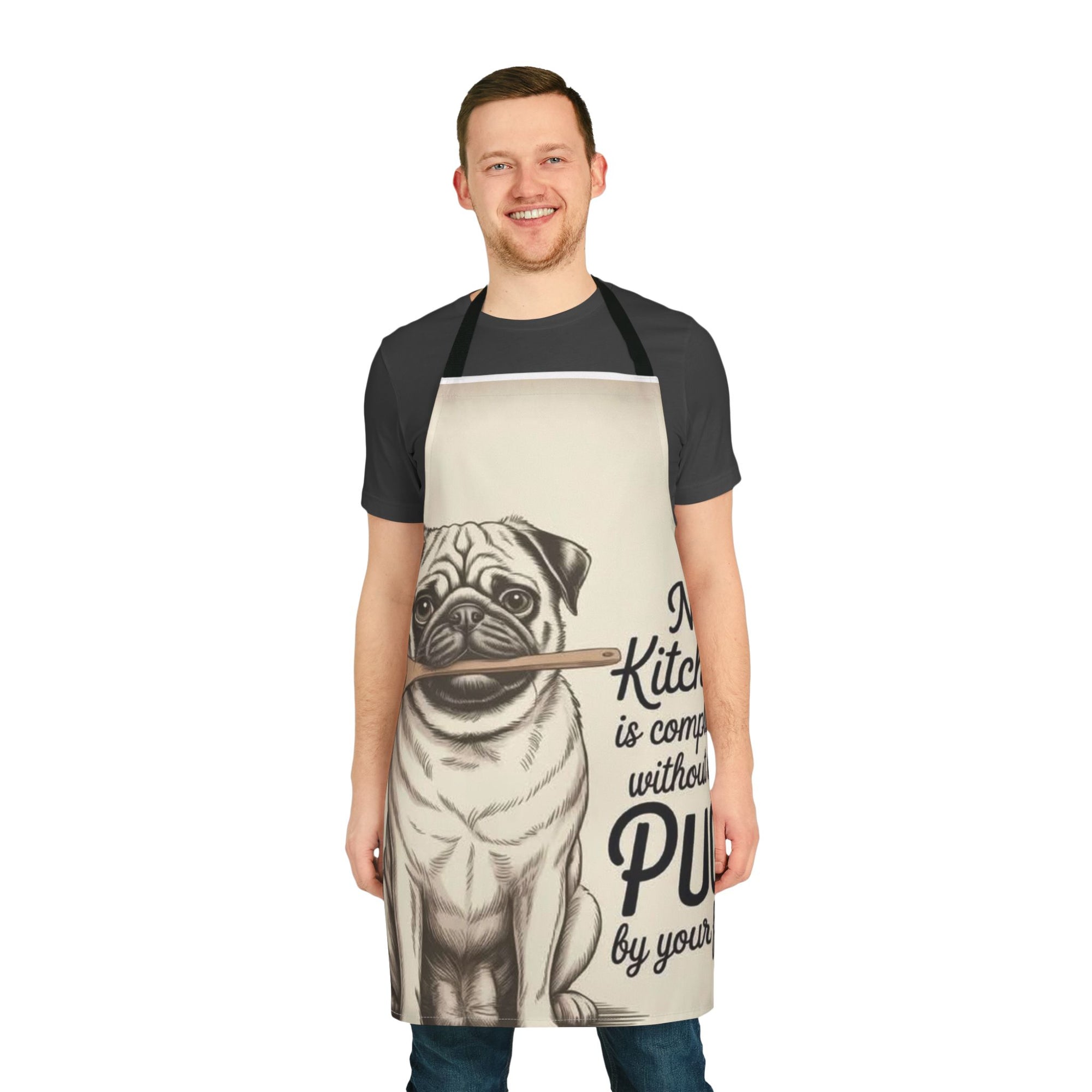 Pug Kitchen Apron — "No Kitchen Is Complete Without a Pug by Your Feet" Cute Dog Chef Gift