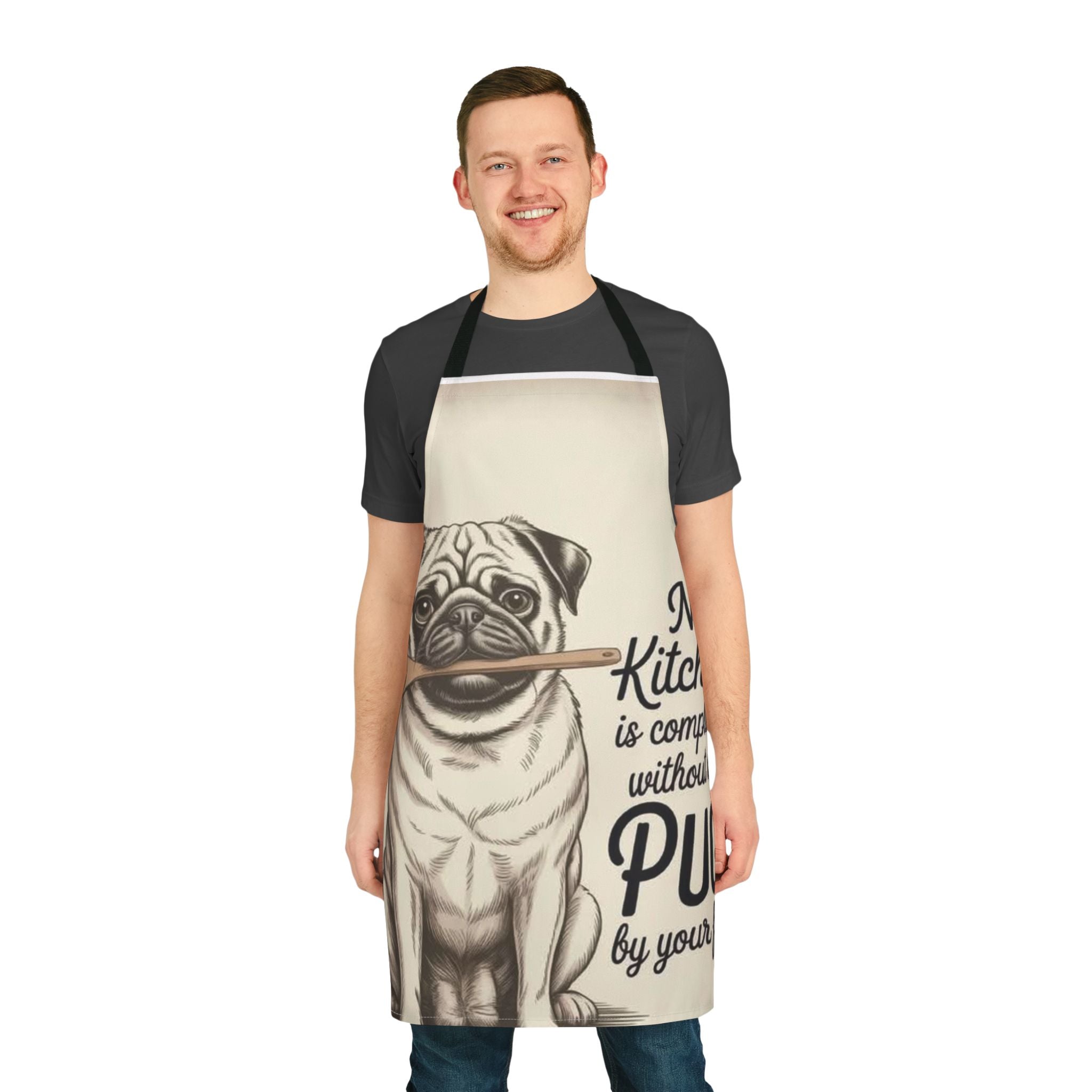Pug Kitchen Apron — "No Kitchen Is Complete Without a Pug by Your Feet" Cute Dog Chef Gift
