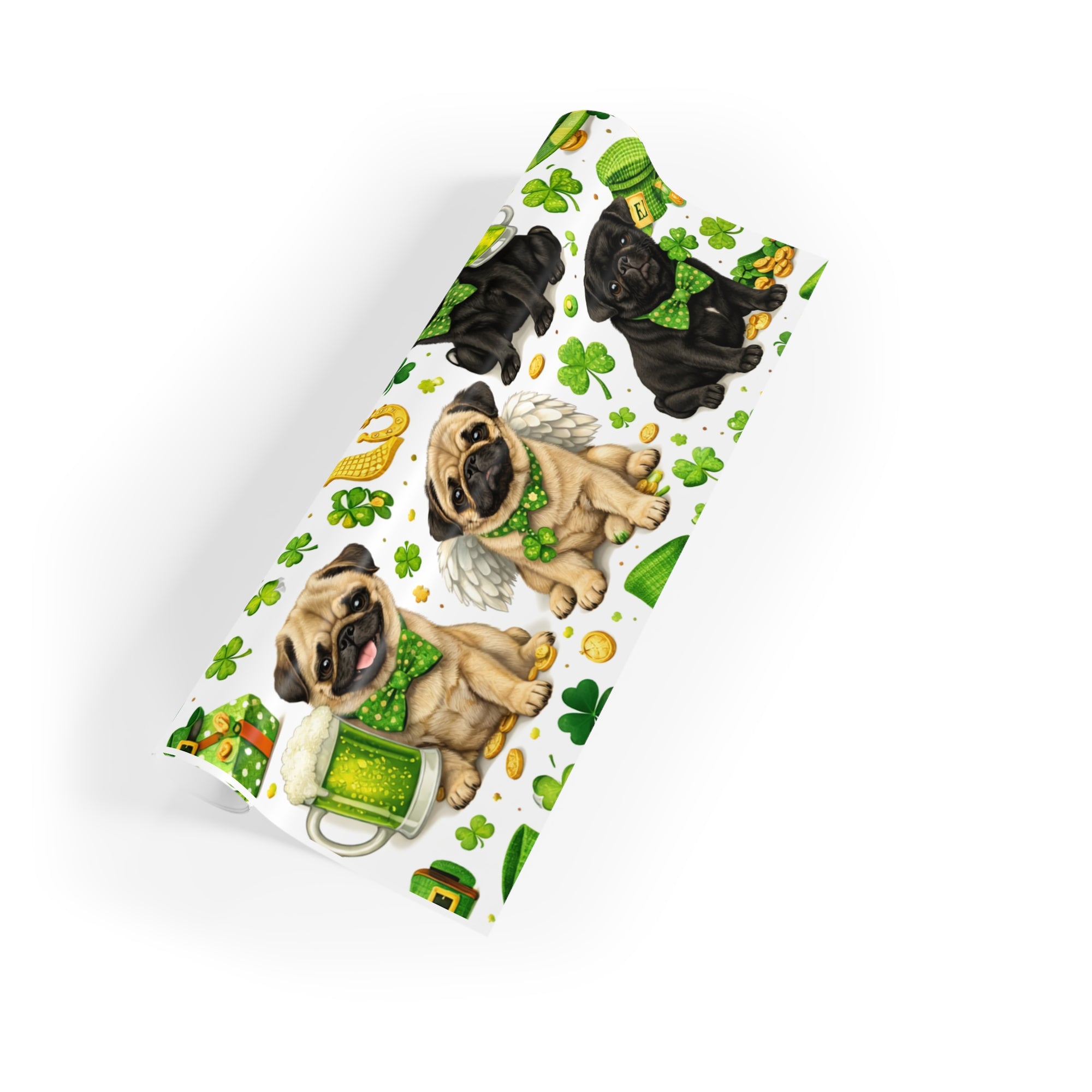 St. Patrick’s Day Pug Wrapping Paper Roll — Lucky Shamrock & Gold Pot Gift Wrap