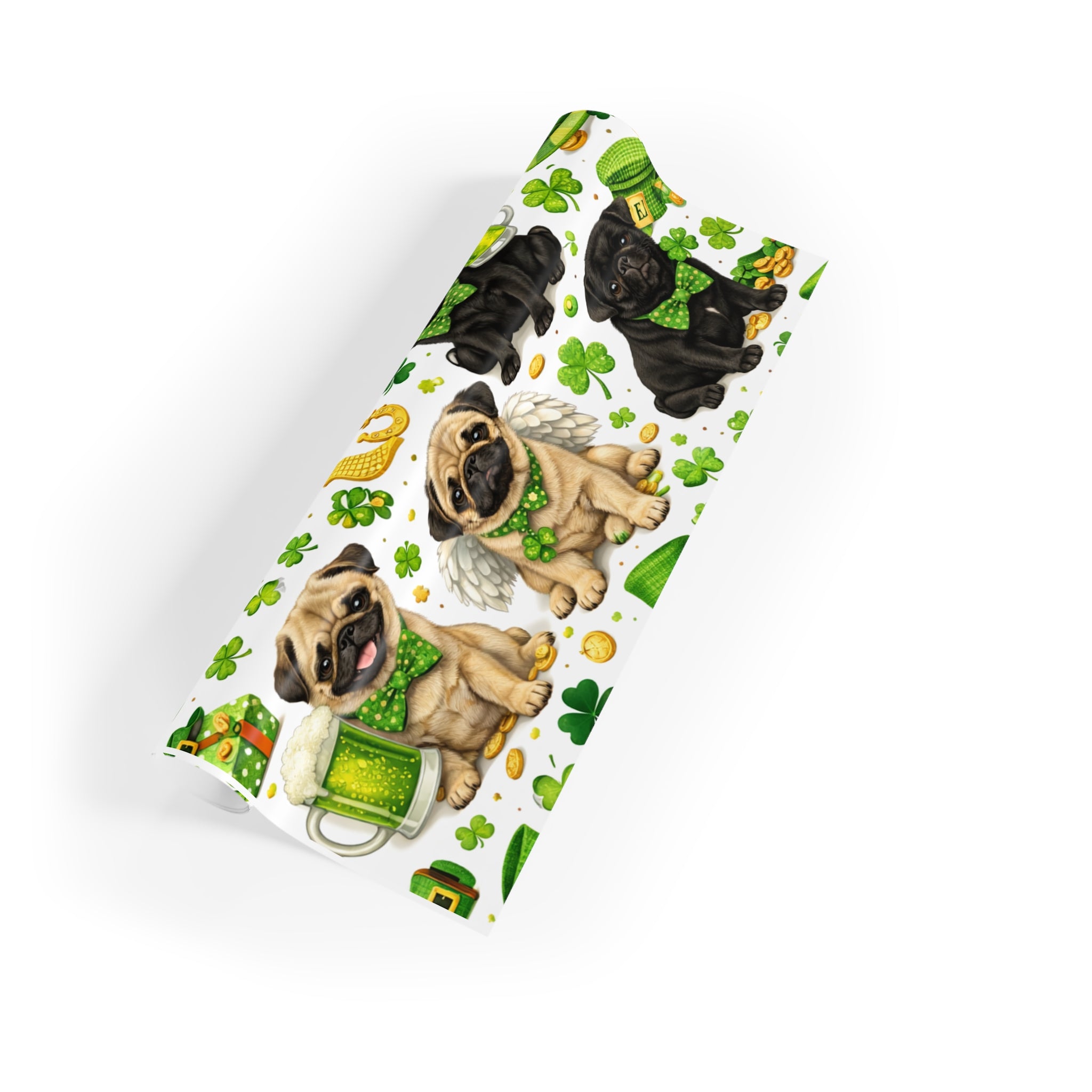 St. Patrick’s Day Pug Wrapping Paper Roll — Lucky Shamrock & Gold Pot Gift Wrap