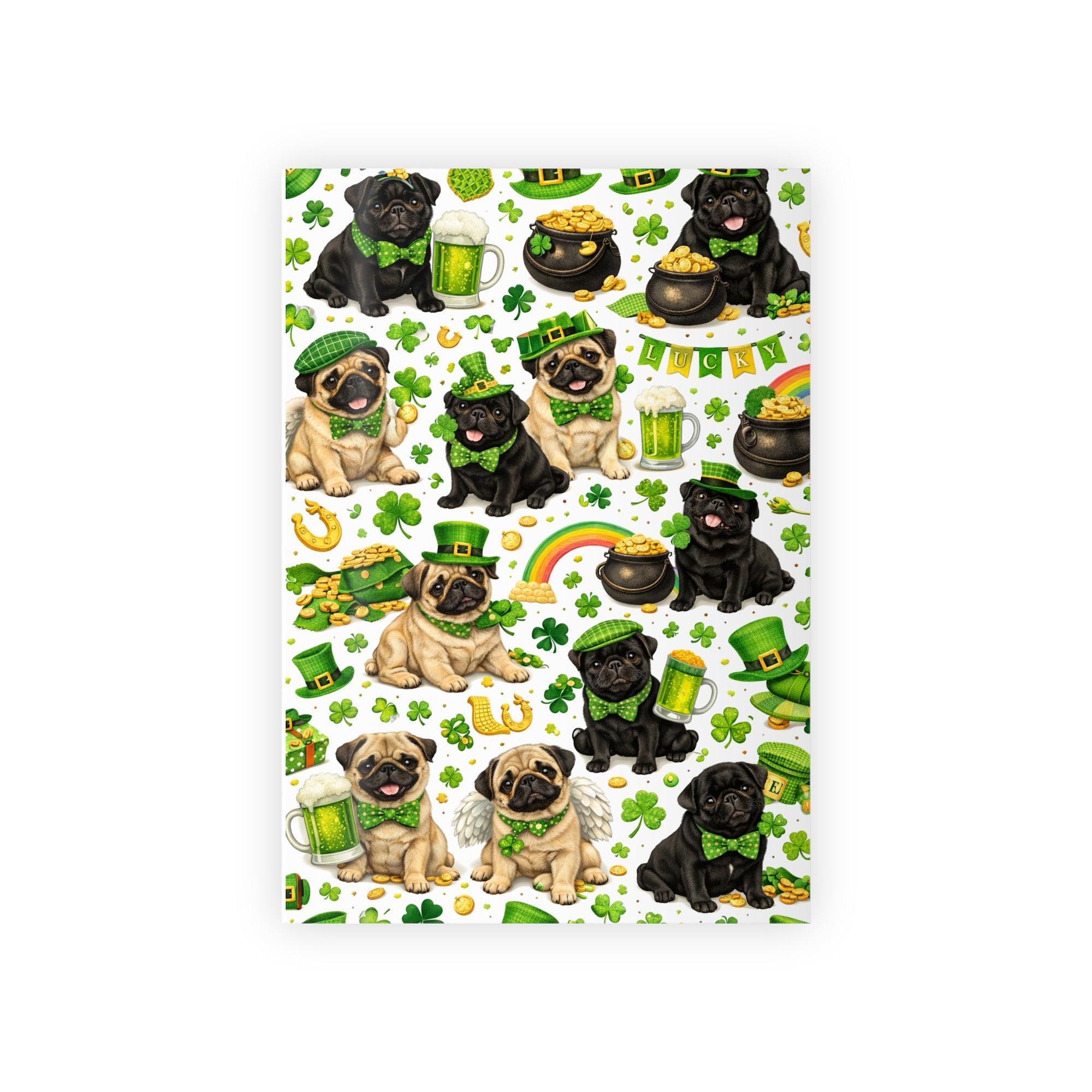 St. Patrick’s Day Pug Wrapping Paper Roll — Lucky Shamrock & Gold Pot Gift Wrap