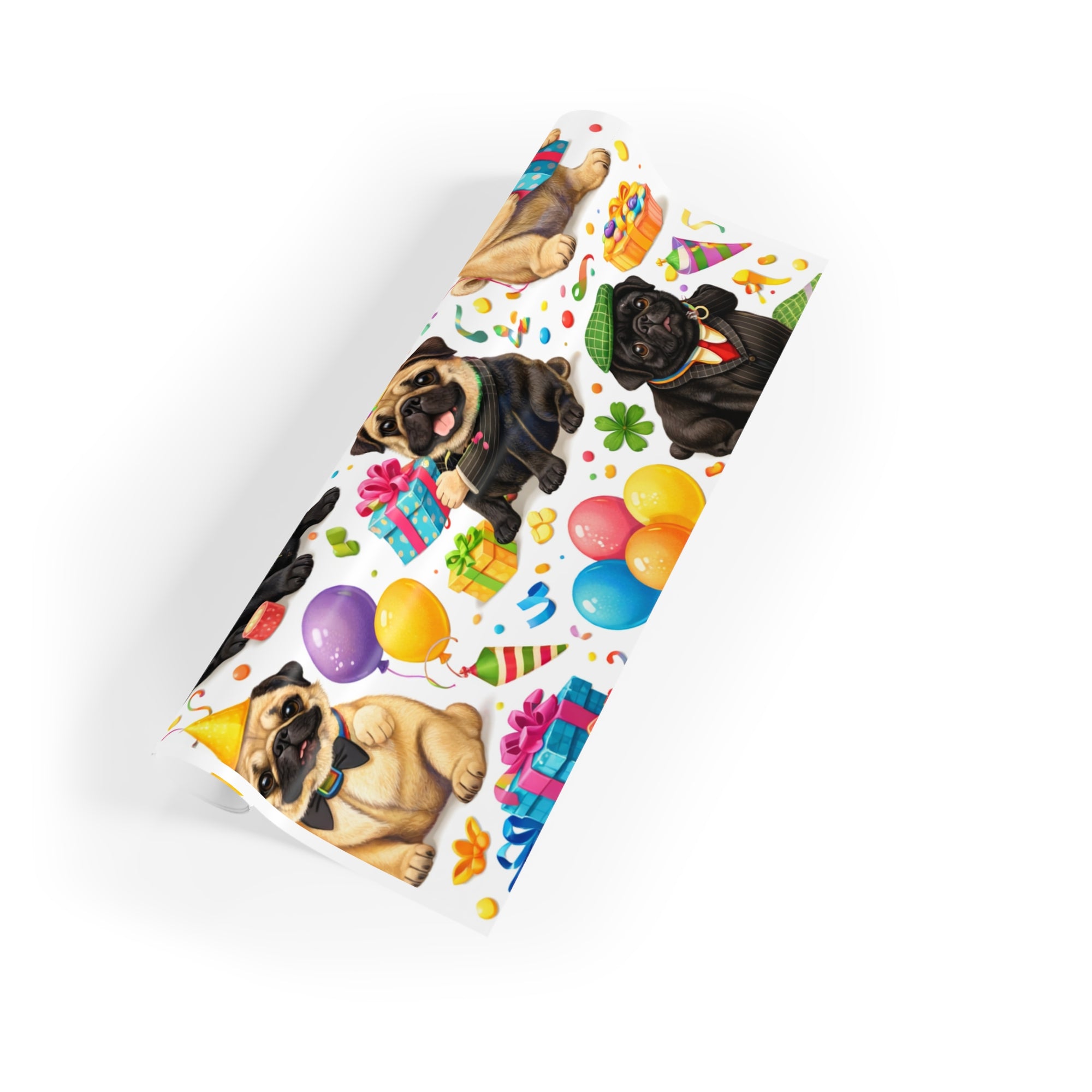 Pug Party Gift Wrap Roll — Cute Birthday Wrapping Paper with Balloons & Presents