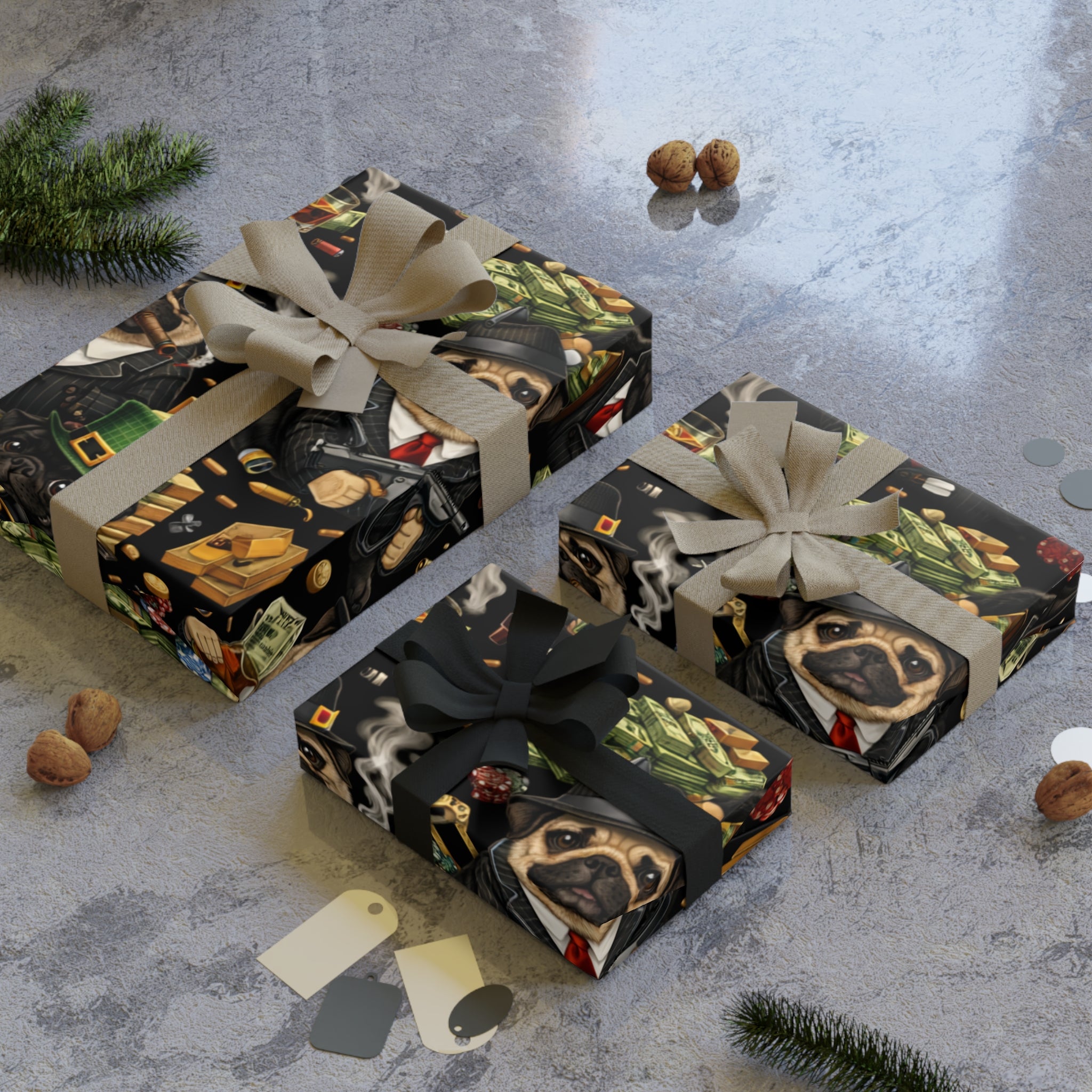 Gangster Pug Wrapping Paper — Novelty Money & Whiskey Gift Wrap, 1 Roll